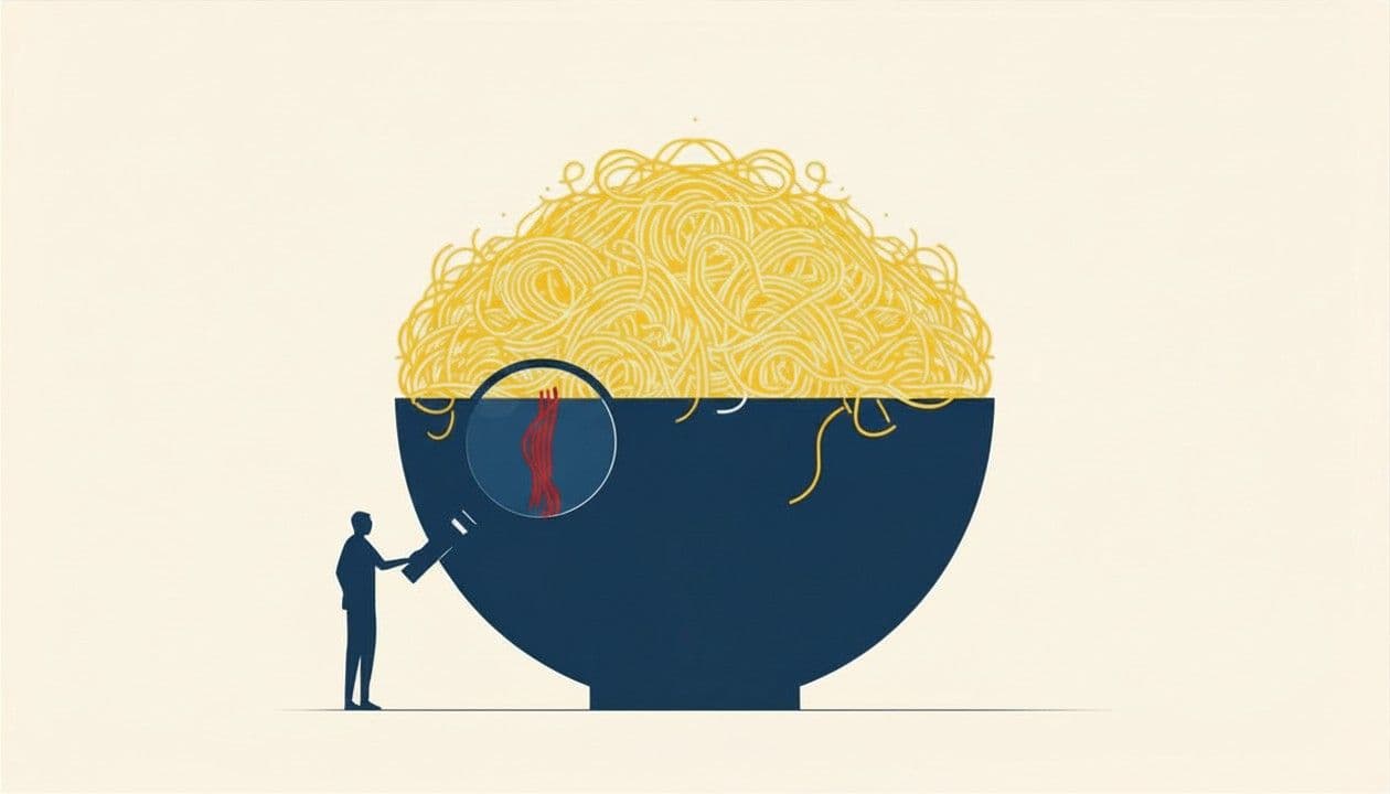A conceptual illustration showing a large bowl overflowing with tangled dark blue spaghetti lines. A small human figure holds a magnifying glass over the bowl, and inside the lens, the tangled lines become a single, straight, vibrant orange path