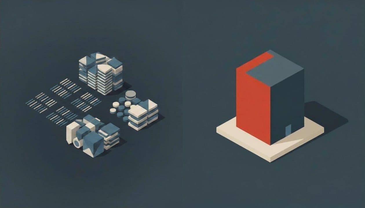An abstract vector illustration on a dark charcoal background. On the left are scattered, messy grey shapes. On the right, a solid, heavy-duty brick red and slate blue geometric block drops perfectly into a clean, off-white foundation, replacing the chaos.