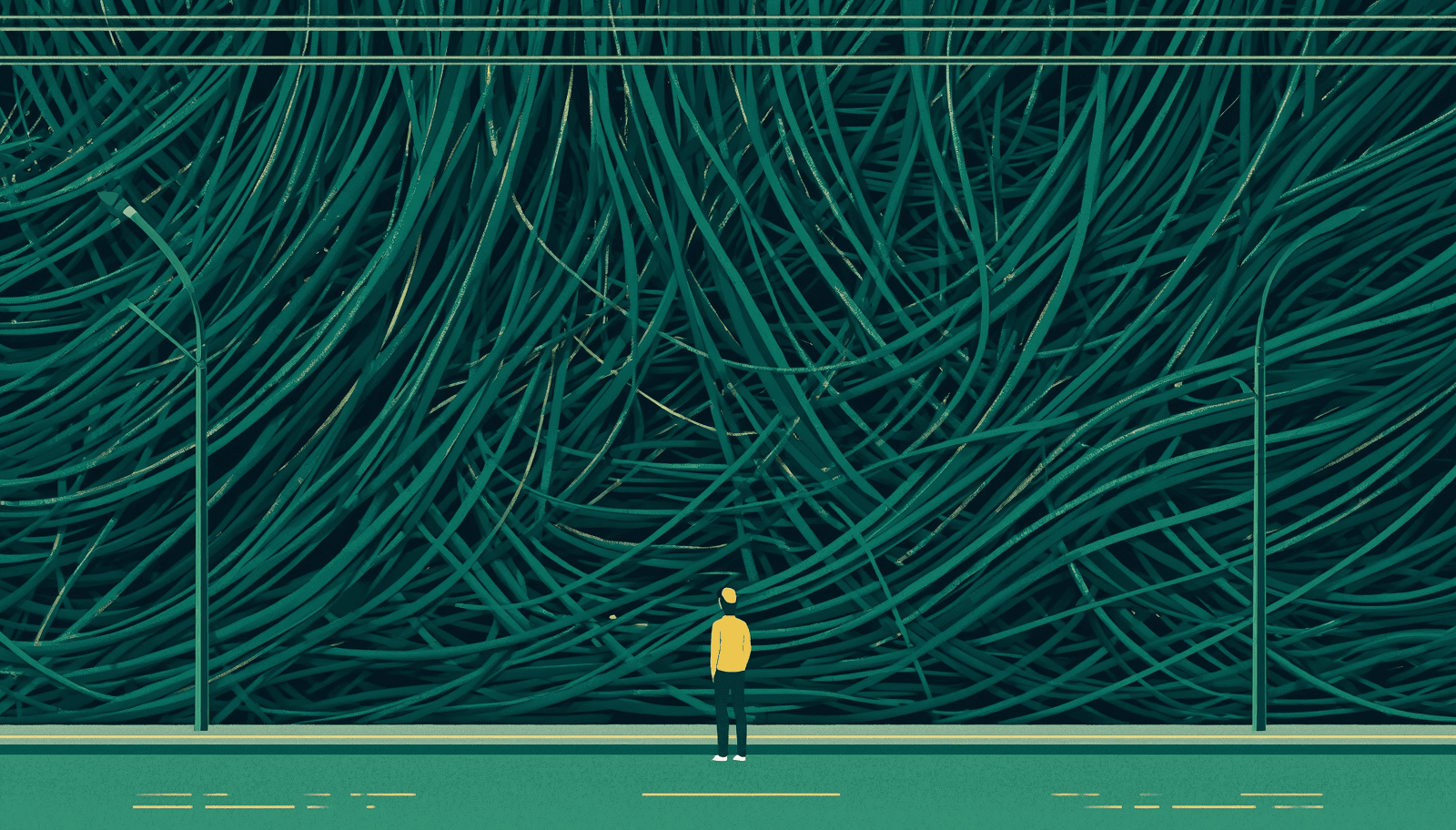 A modern flat editorial illustration showing a massive tangle of heavy electrical cables overwhelming a city street, rendered in deep emerald greens and slate greys. A small human figure stands at the base of the tangle, looking upward with visible helplessness — dwarfed by the scale of the infrastructure problem above them. Soft yellow highlights accent the scene against a high-contrast background.