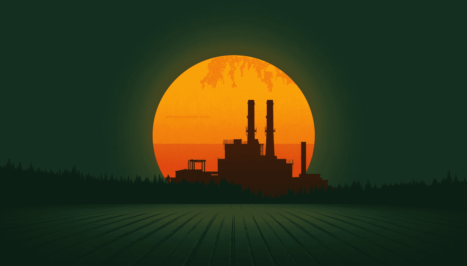 Silhouette of a bioenergy power plant against a large orange sun and a dark green forest, representing India's renewable energy infrastructure.