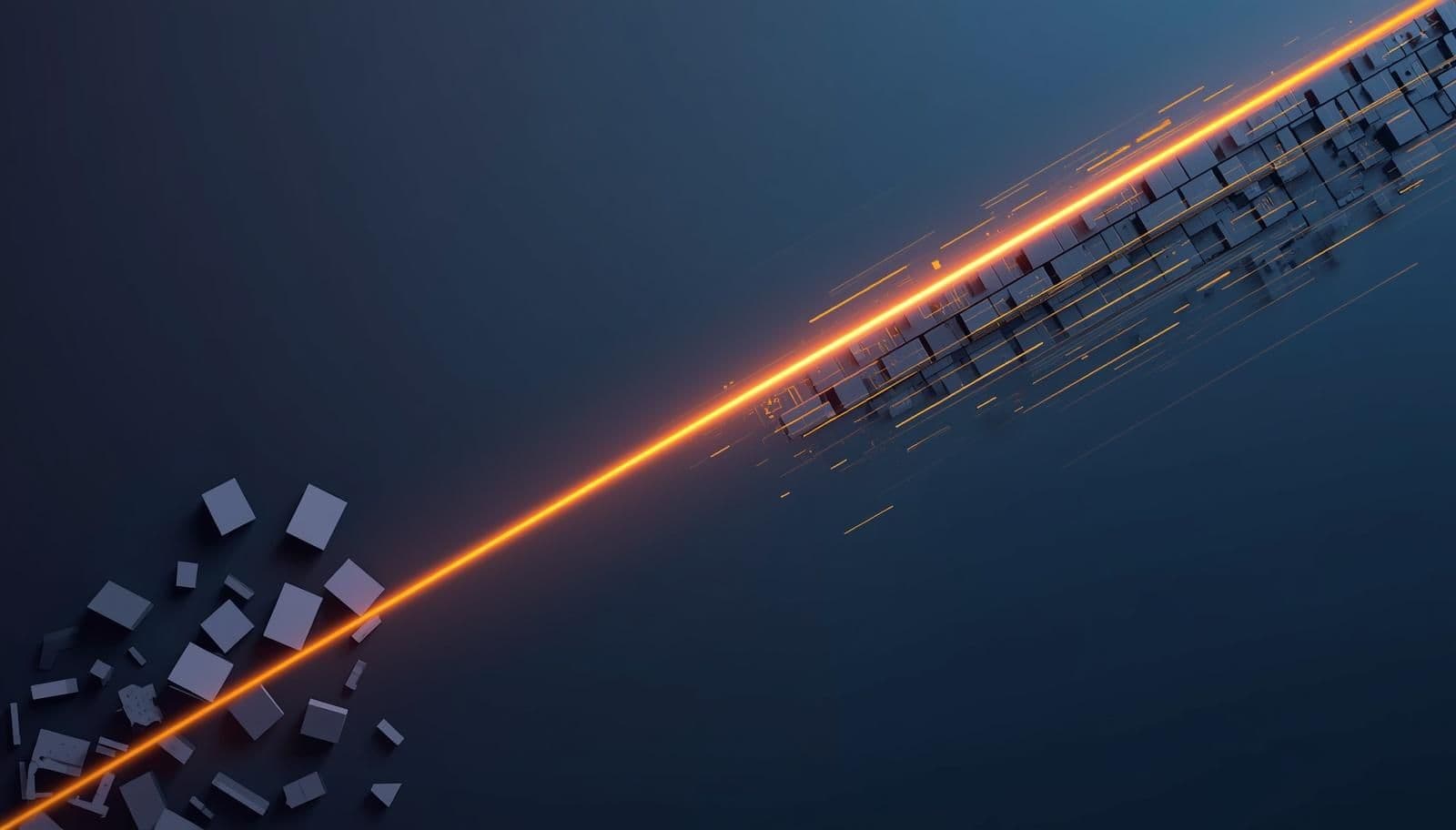 A minimalist, abstract vector illustration split diagonally by a glowing line. The lower left features disorganized, muted purple-grey geometric shapes representing inefficient legacy systems. Across the dividing line on the upper right, the shapes transform into a perfectly aligned, rapidly accelerating dark blue grid illuminated with bright orange and gold, symbolizing the efficiency and momentum of modern Grade-A logistics networks.A minimalist, abstract vector illustration split diagonally by a glowing line. The lower left features disorganized, muted purple-grey geometric shapes representing inefficient legacy systems. Across the dividing line on the upper right, the shapes transform into a perfectly aligned, rapidly accelerating dark blue grid illuminated with bright orange and gold, symbolizing the efficiency and momentum of modern Grade-A logistics networks.