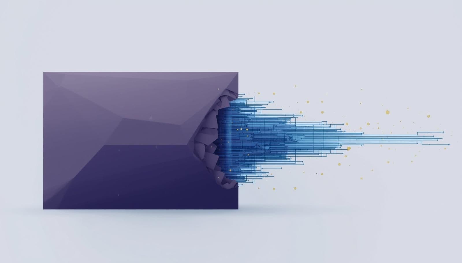 An abstract, minimalist vector illustration showing a heavy, solid dark-purple monolith on the left being transformed from the inside out. A sleek, highly advanced digital matrix of glowing gold nodes and light blue data pipelines breaks out of the monolith and expands to the right. This visualizes the article's core concept: transforming the heavy, static burden of legal compliance into a fast, automated, and seamlessly integrated engineering system.